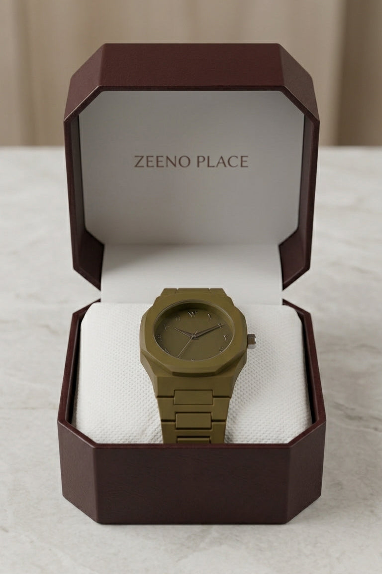 Minimalist Olive Green Arabic Dial Watch by Zeeno Place