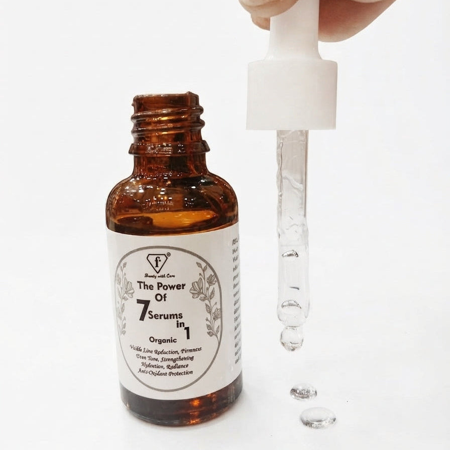 Amber glass bottle of Beauty with Care 7 Serums in 1 with open dropper and serum drops