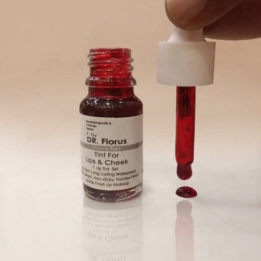 DR. Florus Lip and Cheek Tint bottle in Cherry Red shade with a dropper showing a deep red drop