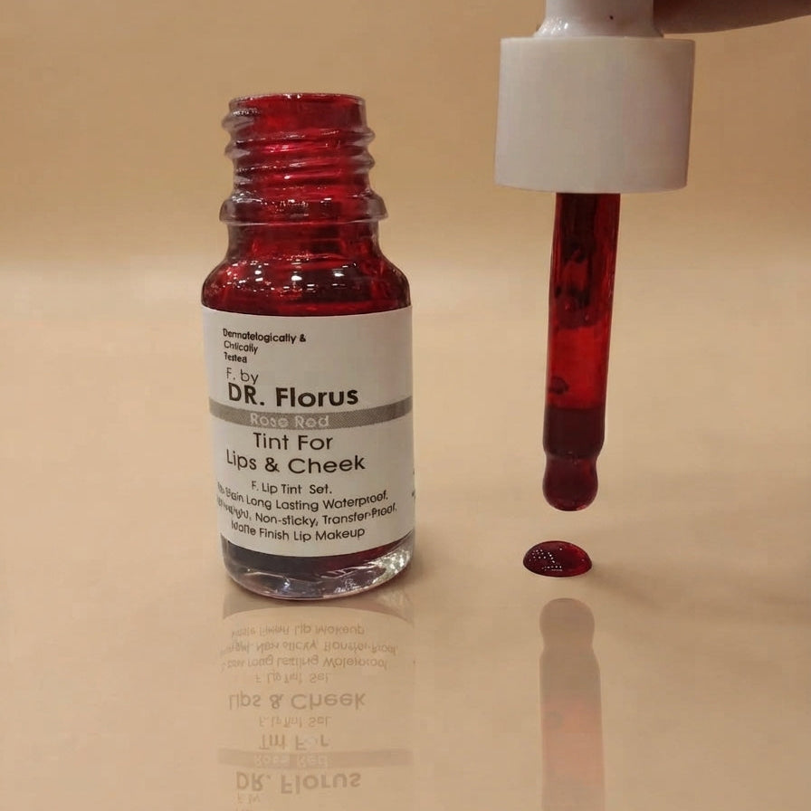 DR. Florus Lip and Cheek Tint bottle in Maroon shade with a dropper showing a deep maroon drop