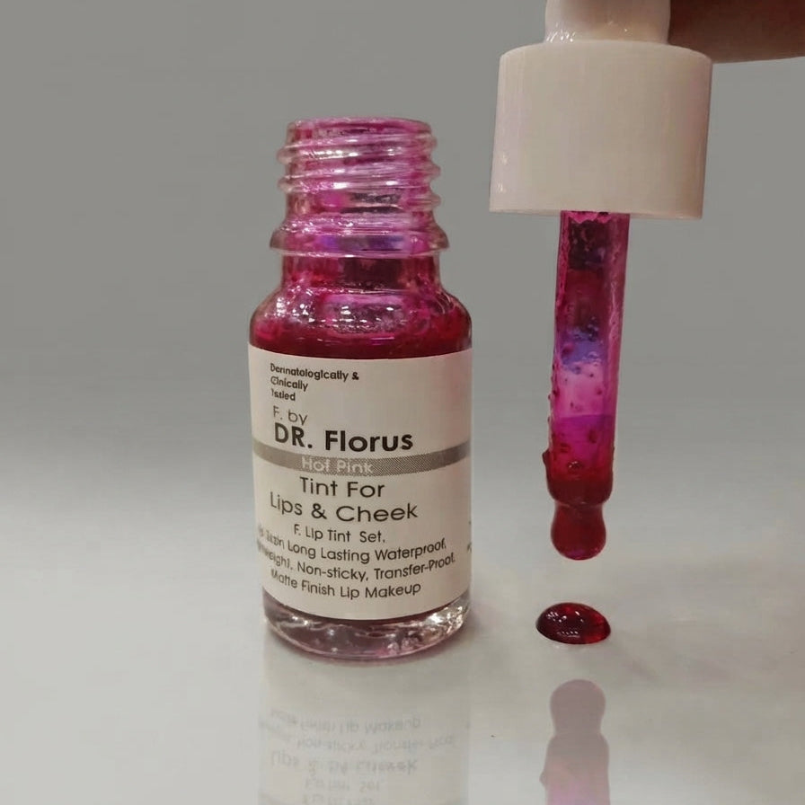 DR. Florus Lip and Cheek Tint bottle in Rose Red shade with dropper applicator and liquid drop