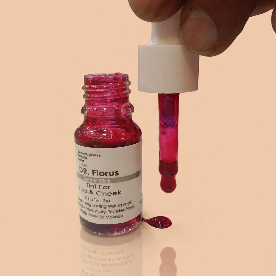 DR. Florus Lip and Cheek Tint bottle in Sweet Pink shade with dropper applicator showing product texture