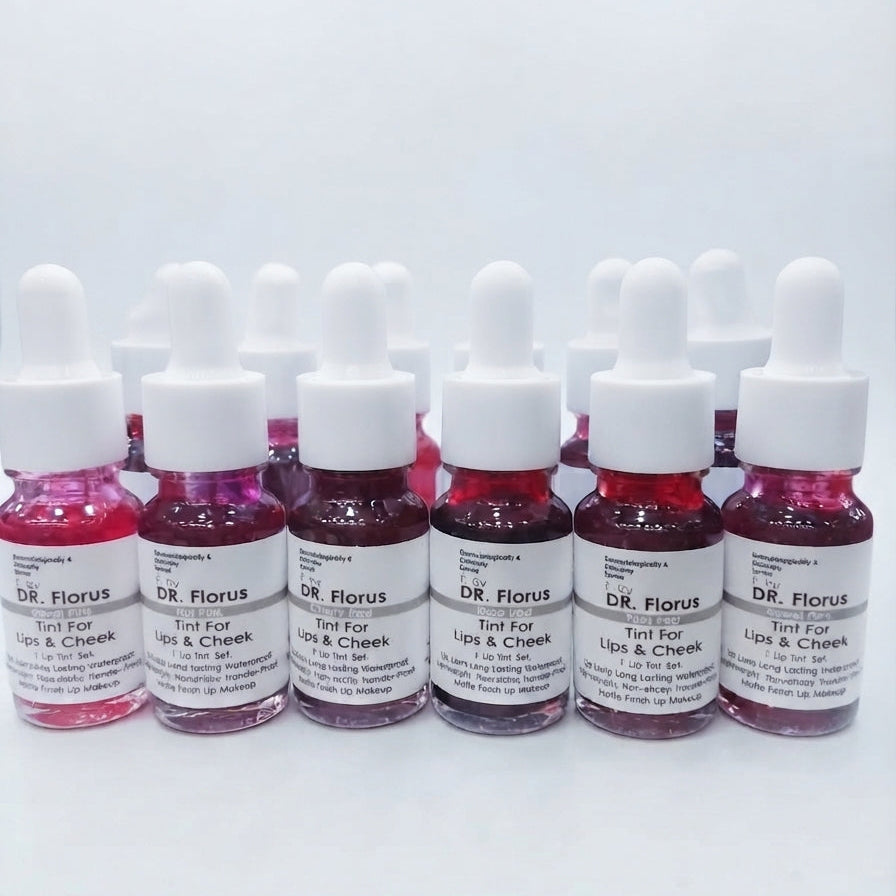 Assortment of multiple DR. Florus Lip & Cheek Tint bottles in various shades