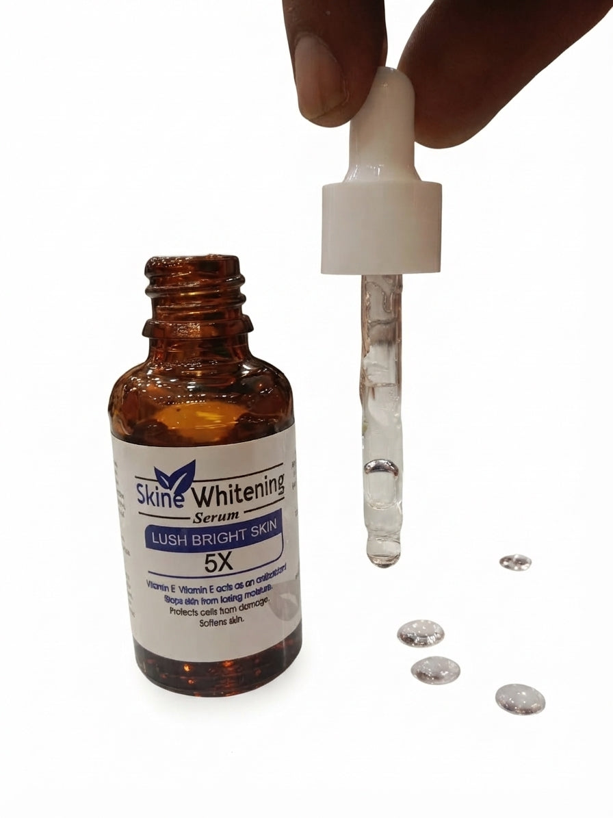 Skine Whitening serum bottle with open dropper and serum drops on a white background