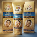 Three packages of GALIP Gold Mask 24K shown on a reflective gold and blue surface. The image features two rectangular cardboard boxes and one central squeeze tube of the whitening anti-wrinkle mask.