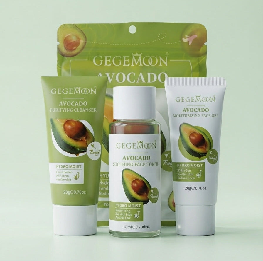 A GEGEMOON Avocado skincare set featuring a green pouch, a toner bottle, and two tubes arranged on a light green background.