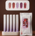 Zeeno Place 5-Piece Gradient Lip Gloss Set with display stand, packaging pouch, and color swatches