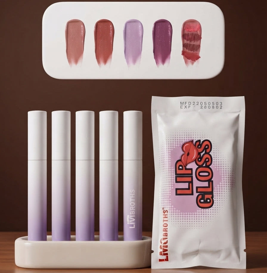 Zeeno Place 5-Piece Gradient Lip Gloss Set with display stand, packaging pouch, and color swatches