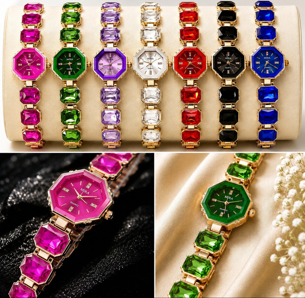Nine gold-tone link bracelets with octagonal gemstone bezels and colorful dials are displayed on a cream jewelry stand, with two close-up panels below showing detailed views of pink and green versions.