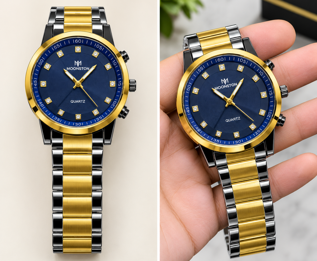 A split-screen product photo of a MOONSTON quartz wristwatch. The left side shows the watch on a plain light beige background, while the right side shows a hand holding the watch to demonstrate its scale.