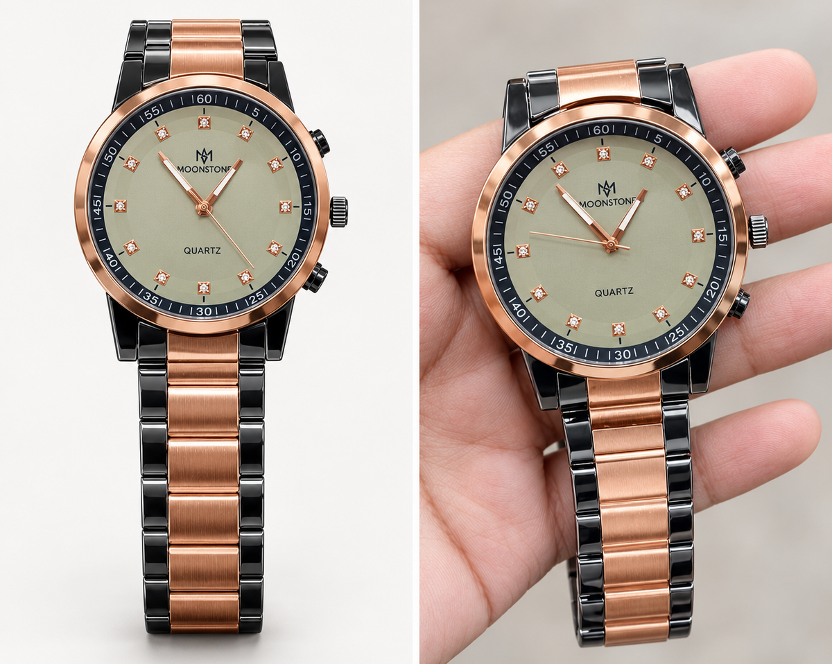 A split-screen product photo of a MOONSTON quartz wristwatch featuring a rose-gold bezel, olive-green dial with stone markers, and a rose-gold and black stainless steel bracelet, shown in two views: one flat on a white background and one being held in a hand.