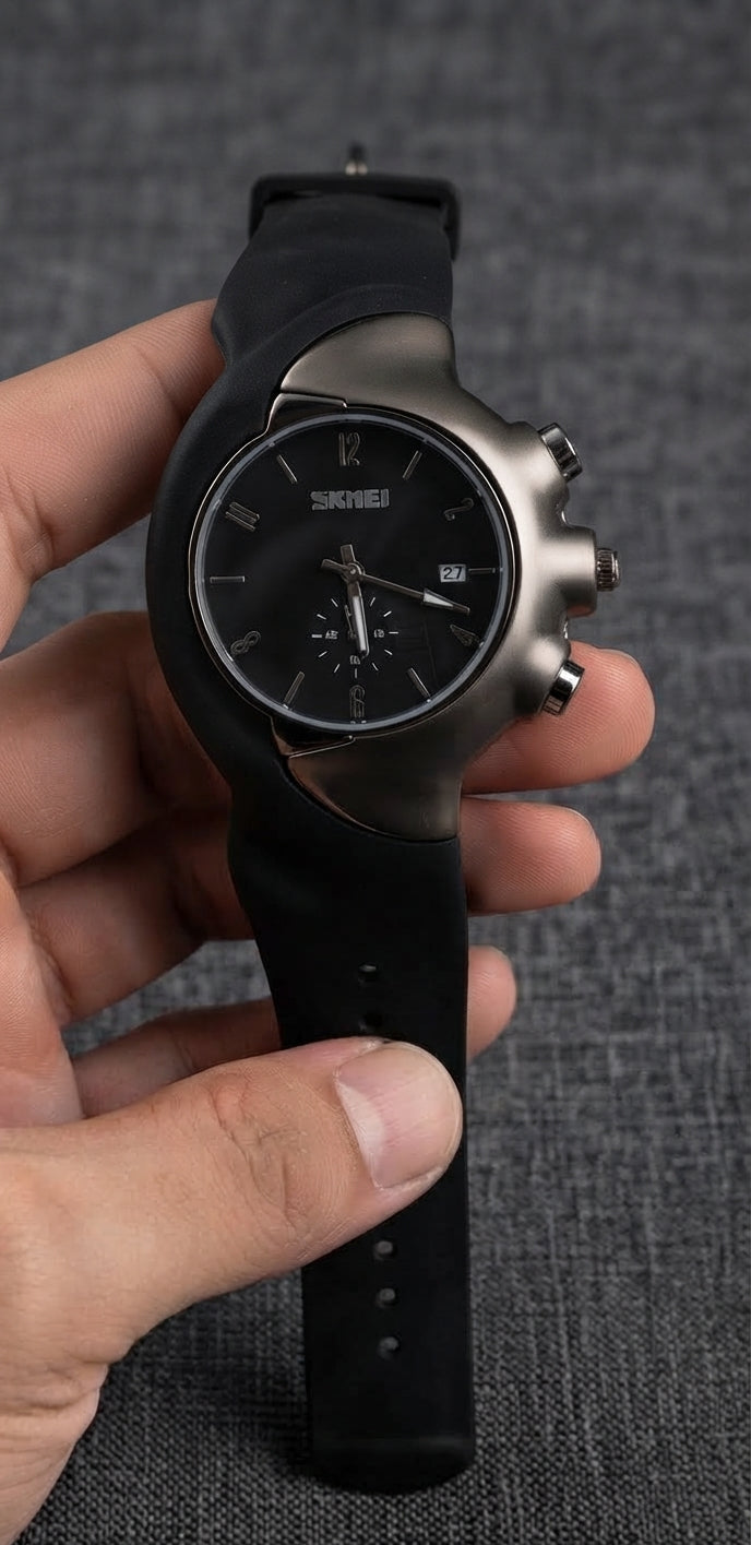 A Zeeno Place modern sports watch featuring a bold black Arabic numeral dial, comfortable silicone strap, and unique ergonomic curved case.