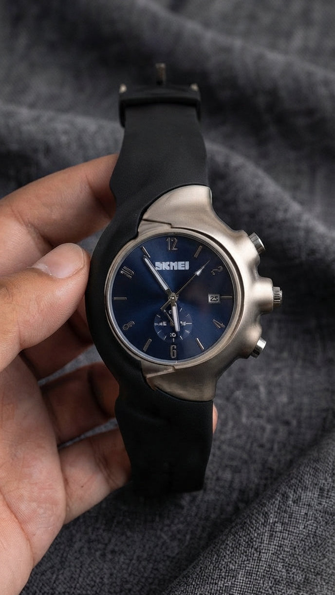 A Zeeno Place modern sports watch featuring a stylish deep blue Arabic numeral dial, black silicone strap, and unique curved design.