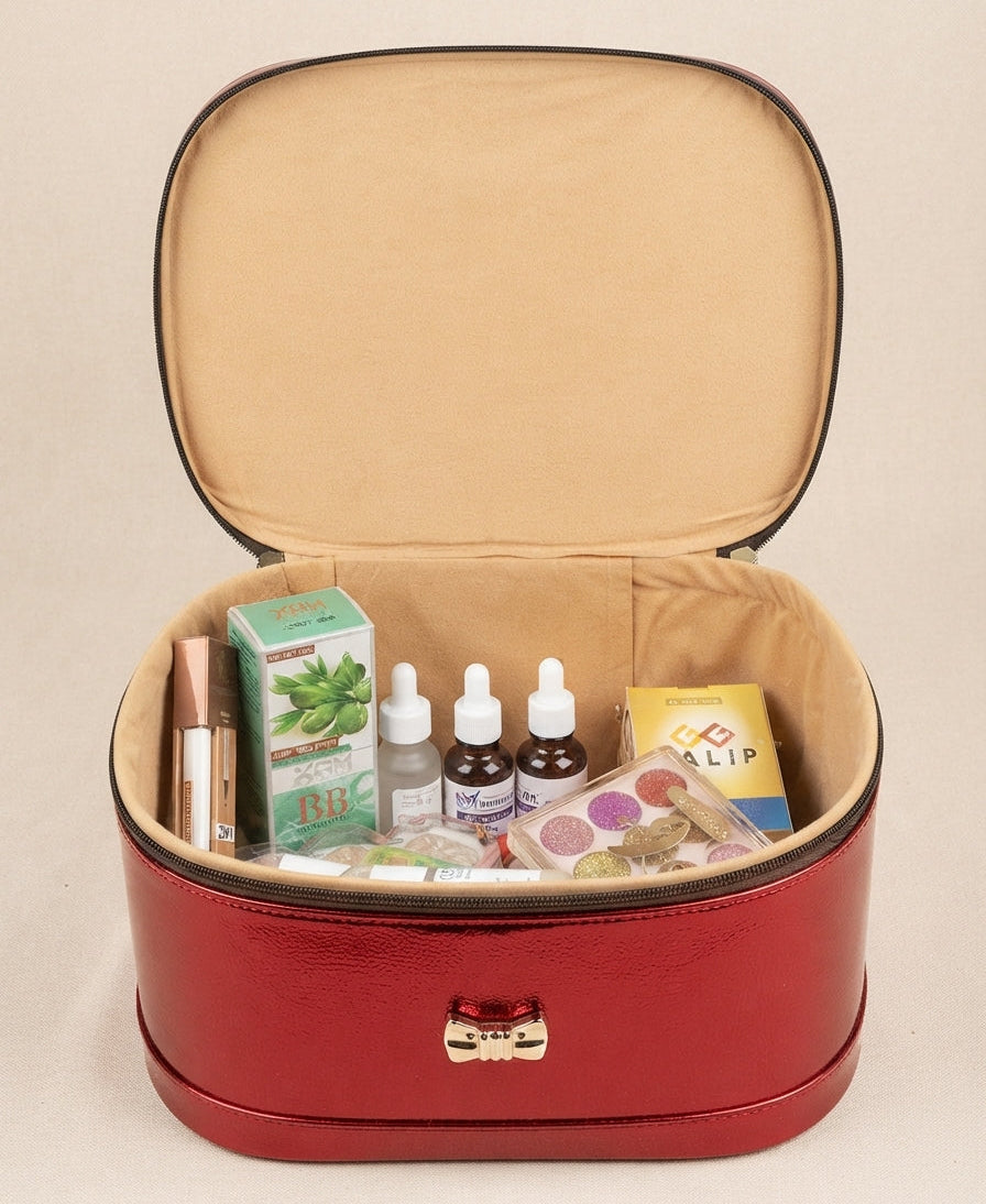 Zeeno Place Red Vanity Case Open Interior with Cosmetic Products