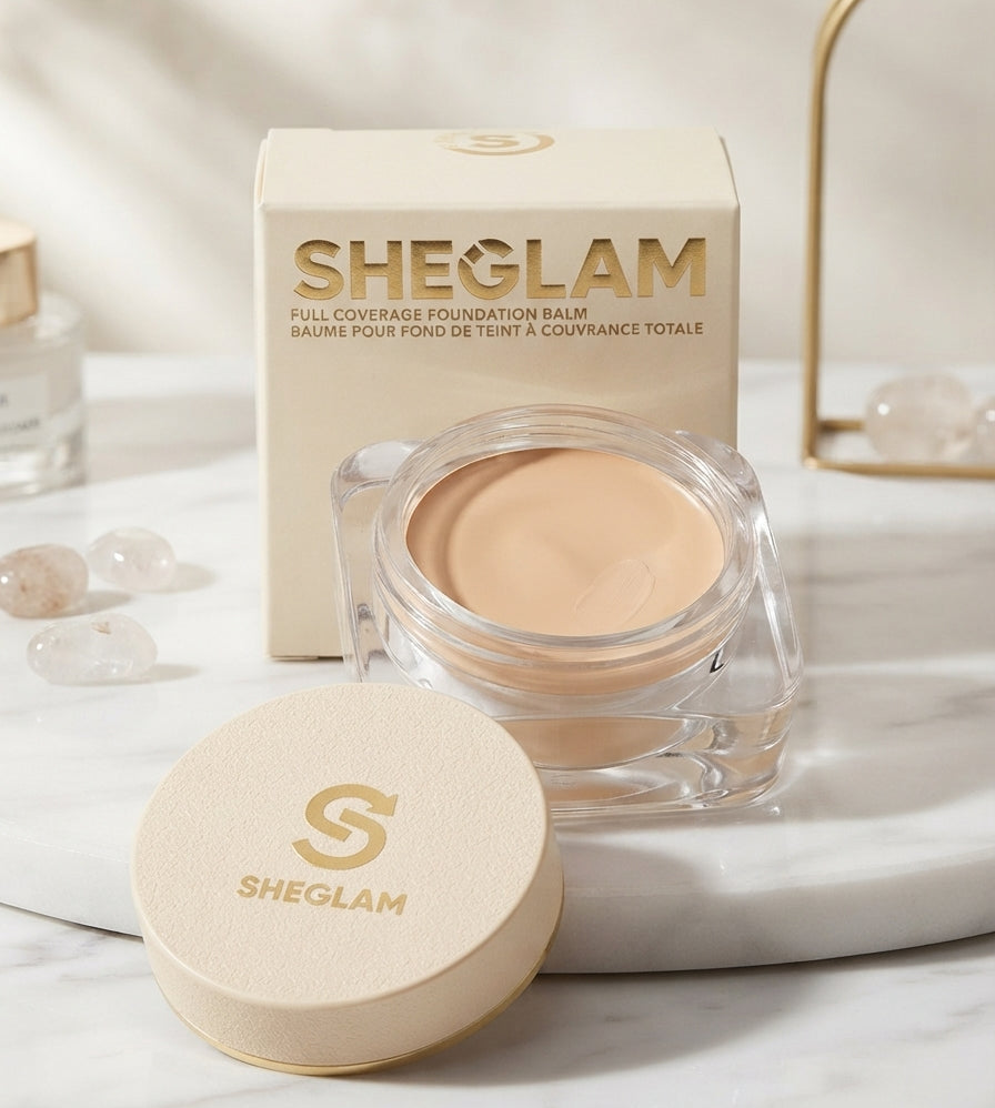 SHEGLAM Full Coverage Foundation Balm in a clear jar with the beige cream visible, shown with its cream-colored box and matching lid on a white marble surface.