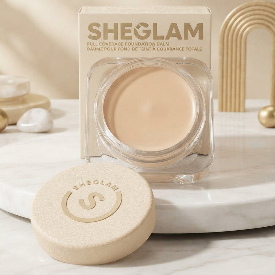 SHEGLAM Full Coverage Foundation Balm in a clear square jar with a beige lid placed in front, shown on a white marble surface with decorative gold and stone props in a softly lit setting.