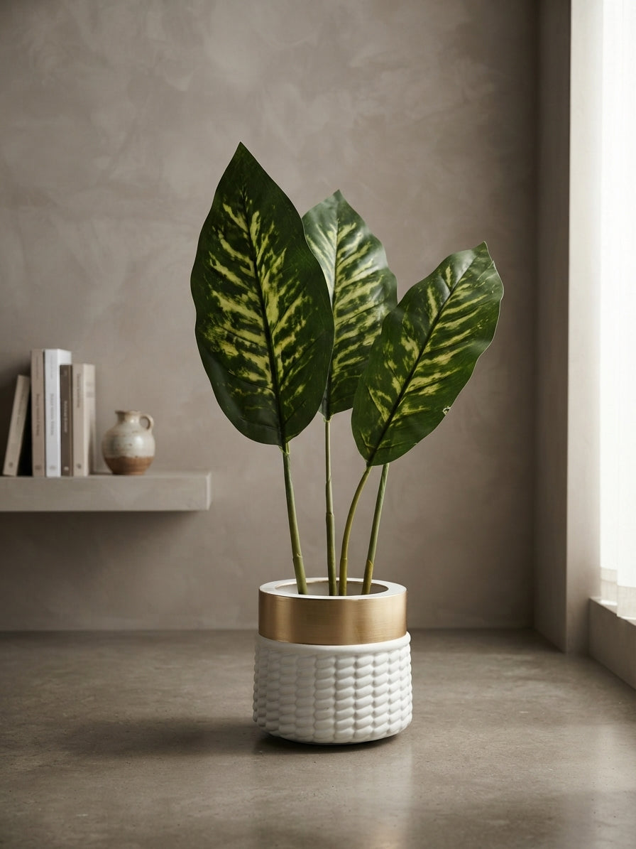 Dieffenbachia artificial plant in a white and gold textured pot for home decor