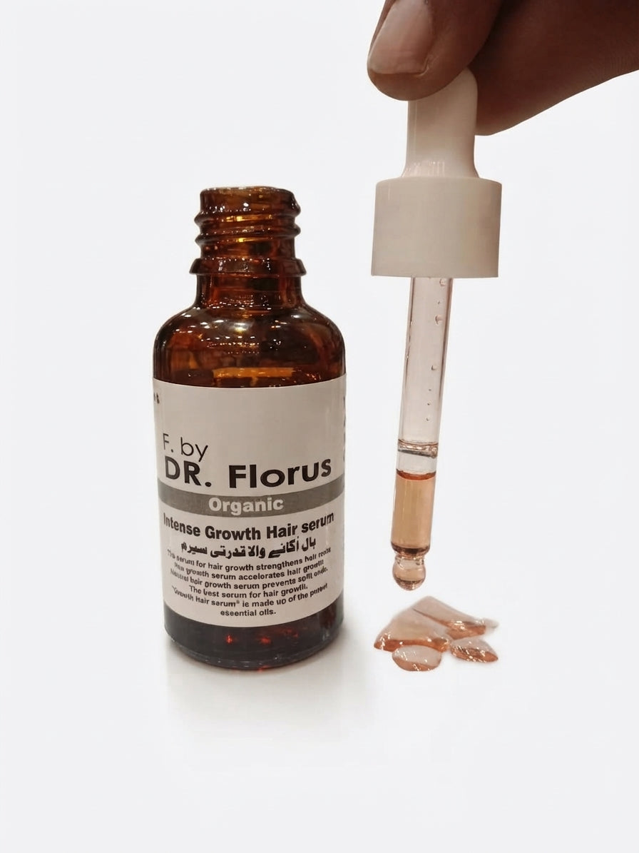 Detailed close-up of the amber bottle label showing "Dr. Florus Intense Growth Hair Serum" and organic ingredients
