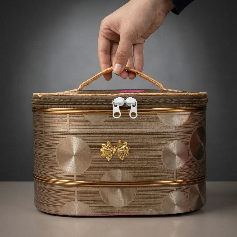 A hand holds the top handle of a cylindrical metallic gold and silver patterned case with a gold bow detail on the front, set against a dark gray studio background.