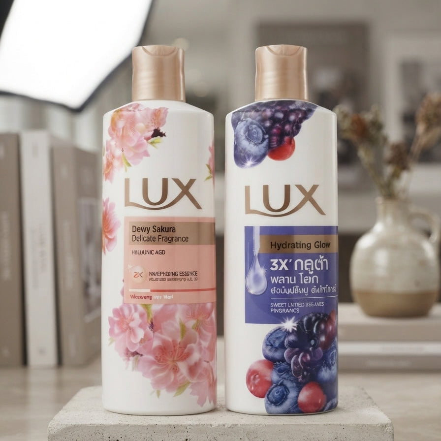 LUX Dewy Sakura and Sweet Mixed Berries moisturizing body wash bottles displayed together on a stone block