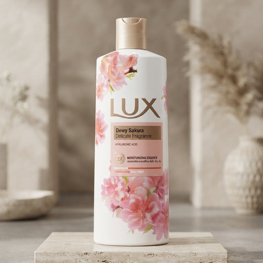 A bottle of LUX Dewy Sakura moisturizing body wash featuring pink floral illustrations on a white bottle, displayed on a stone pedestal
