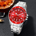 Silver stainless steel wristwatch with a striking red dial for men