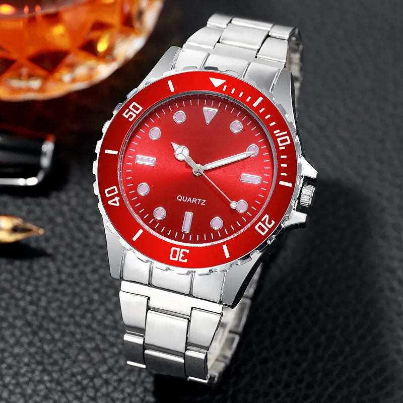 Silver stainless steel wristwatch with a striking red dial for men