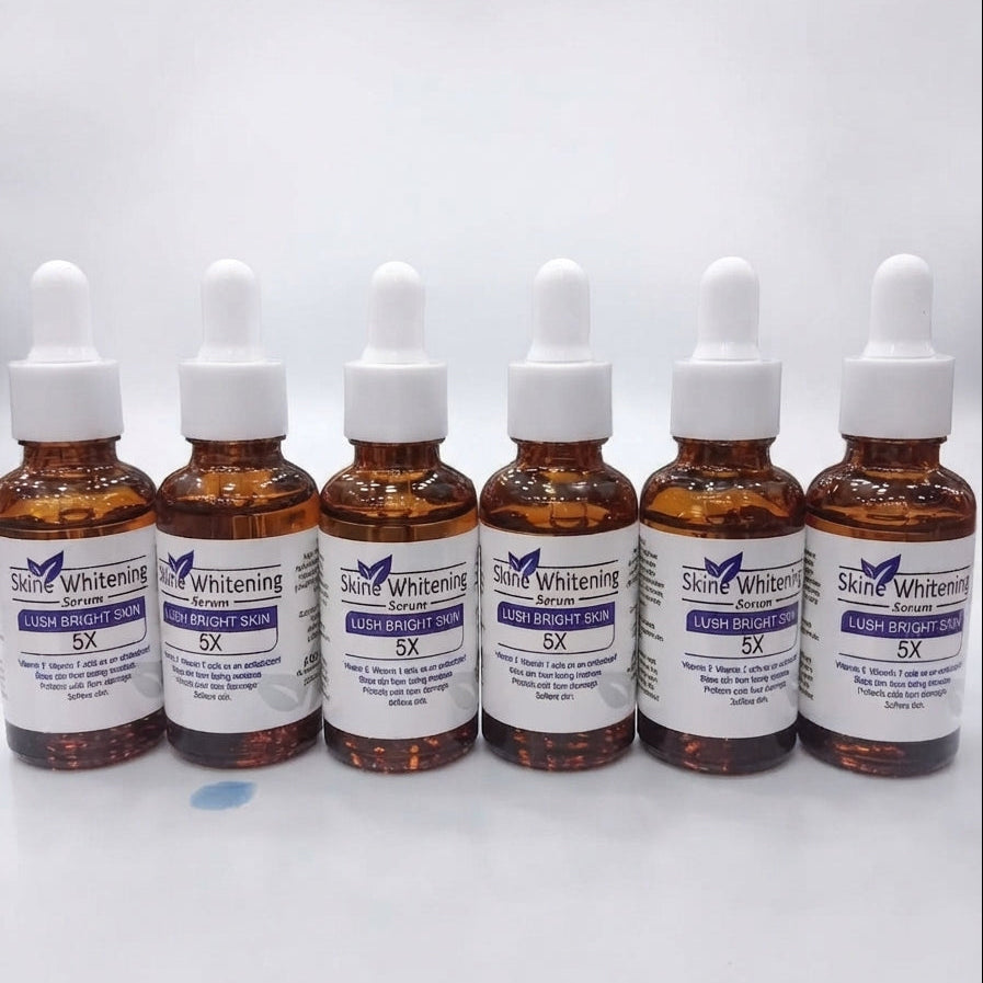 Multiple amber glass bottles of Skine Whitening Lush Bright Skin 5X Serum with white droppers