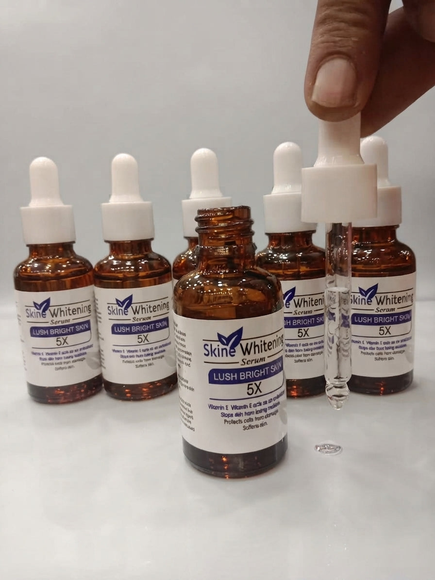 Skine Whitening Lush Bright Skin 5X Serum bottle with dropper dispensing clear serum