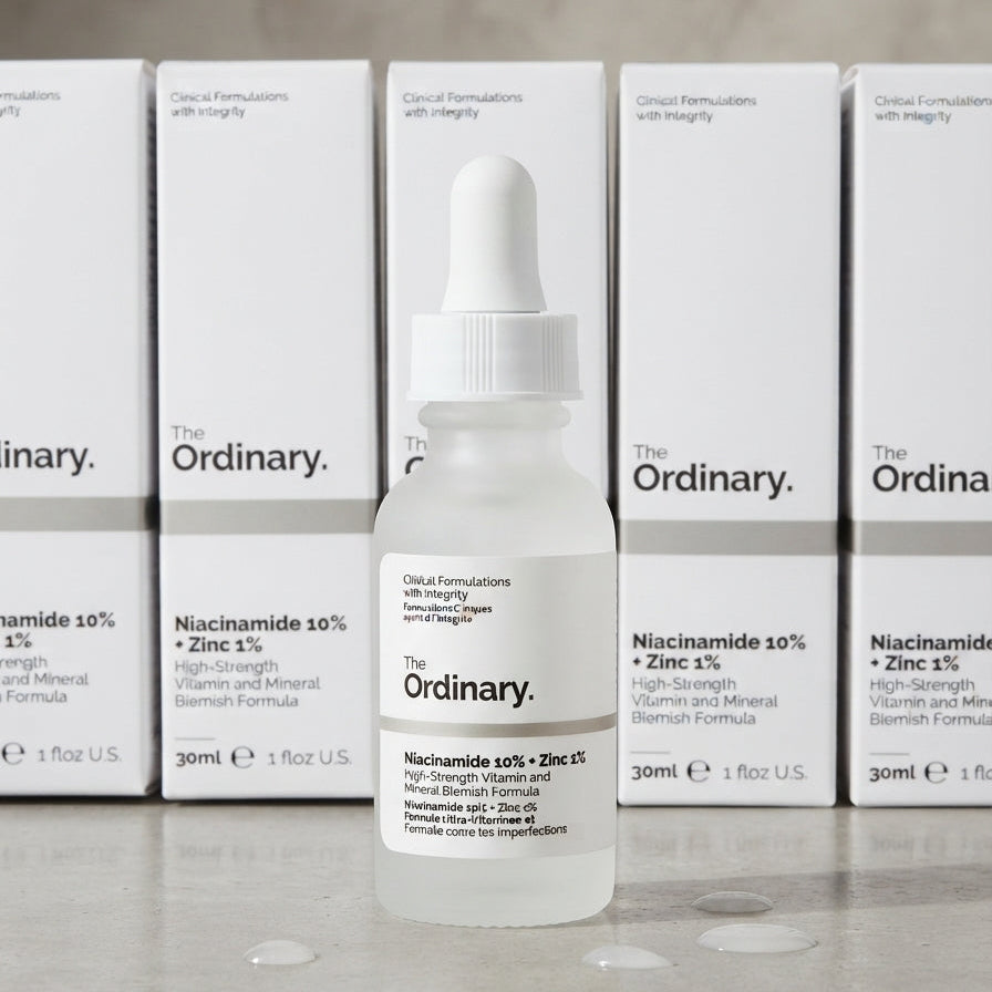 The Ordinary Niacinamide 10% + Zinc 1% face serum bottle with white dropper on a stone surface