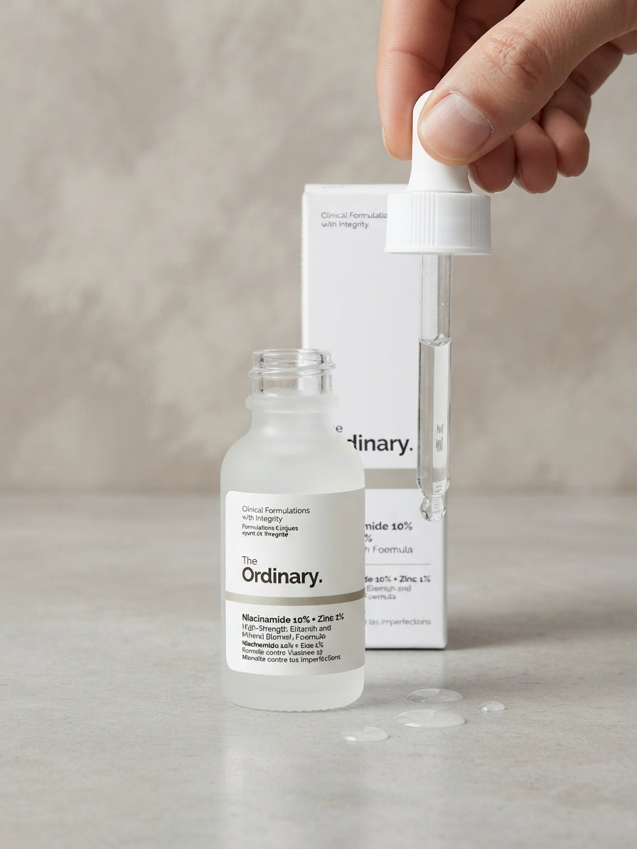 Close-up of The Ordinary Niacinamide 10% and Zinc 1% clear glass bottle for skincare