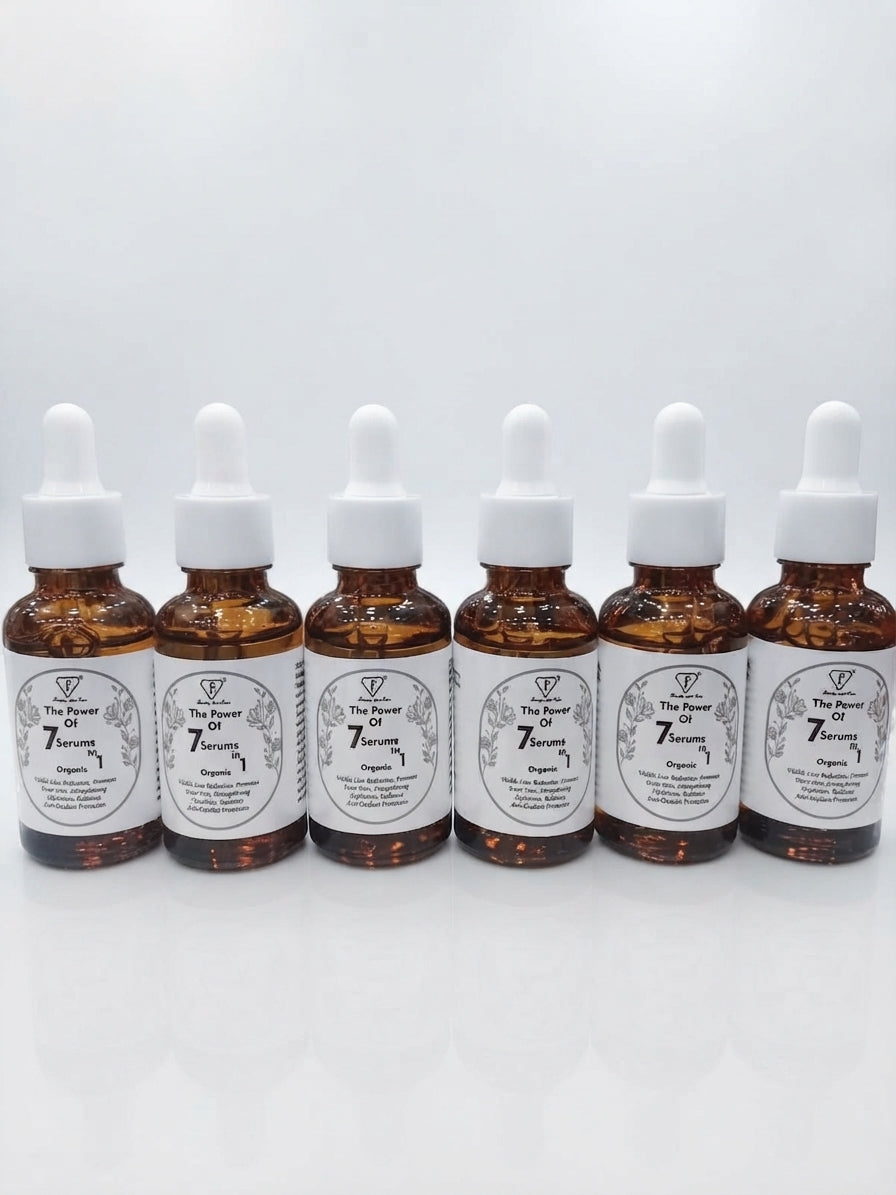 Multiple amber glass bottles of Beauty with Care The Power of 7 Serums in 1 lined up together