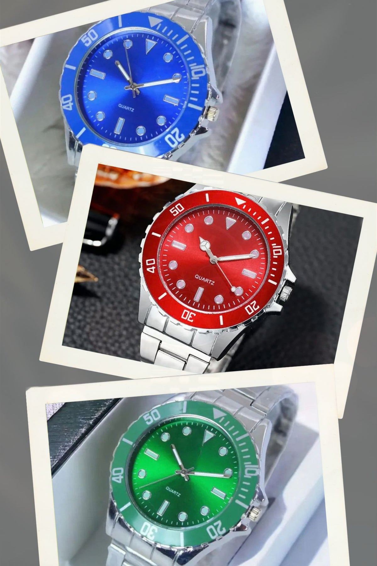 Collection of three luxury style wristwatches with blue, red, and green dials in overlapping frames