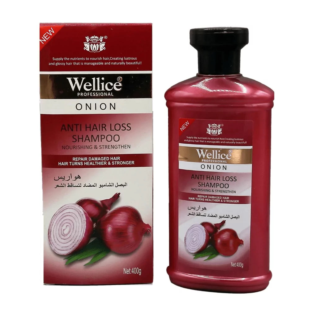 Wellice Professional Onion Anti Hair Loss Shampoo bottle and its red retail box, featuring red onion illustrations and a 400g net weight