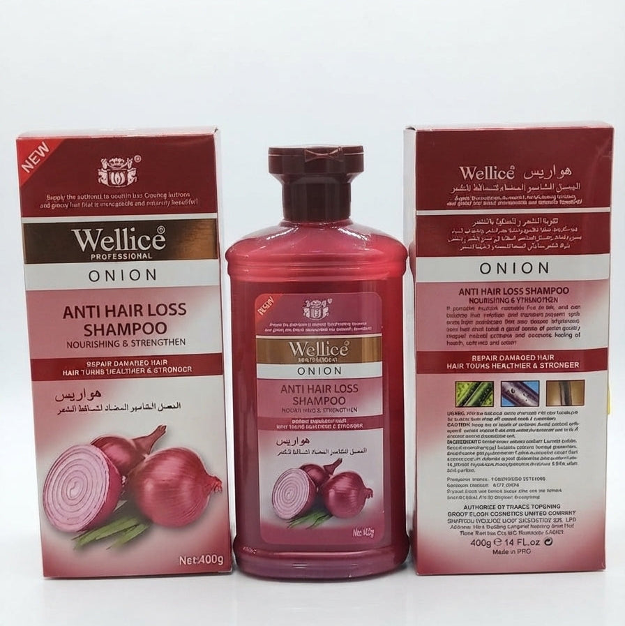 Wellice Onion Anti Hair Loss Shampoo bottle displayed with both front and back packaging boxes