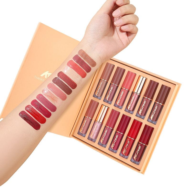 AS-ONE 12-color velvet matte liquid lip gloss set with arm swatch shades on a neutral background