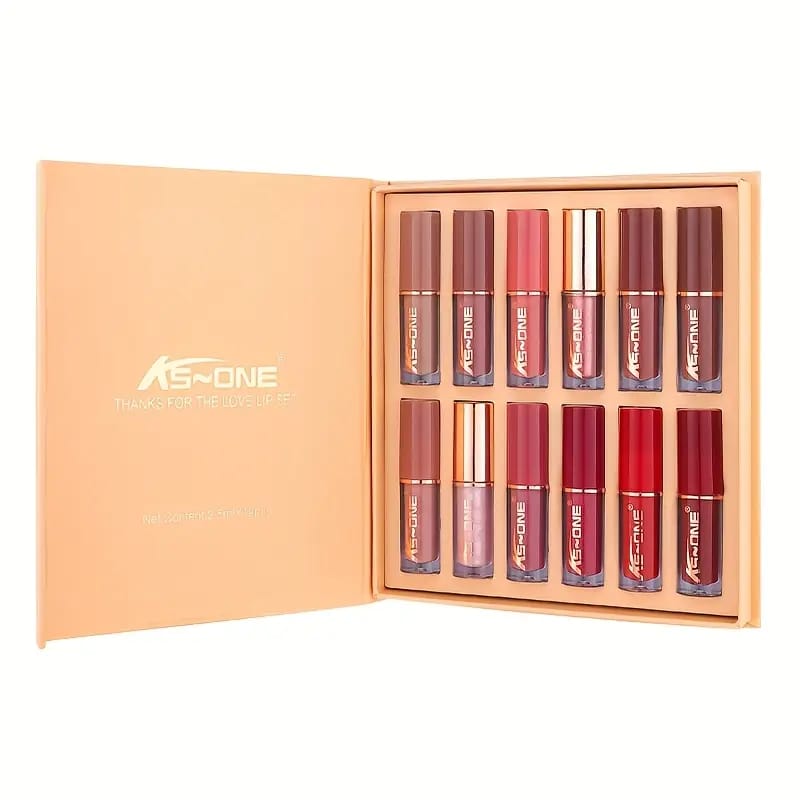 AS-ONE 12-color velvet matte liquid lip gloss set inside an open peach gift box showing all shades