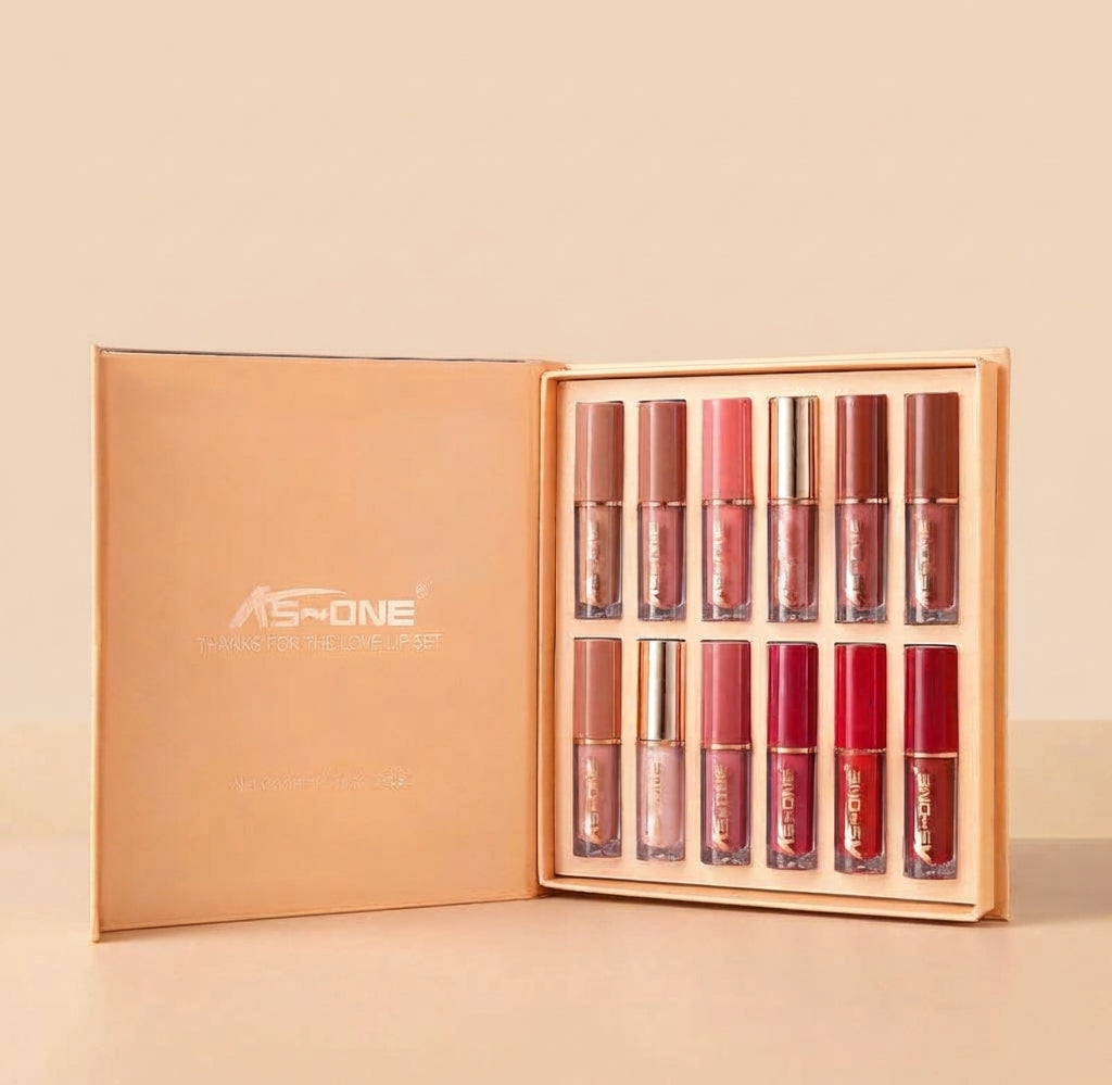 AS-ONE 12-color liquid lip gloss gift box displayed in an open package against a neutral background
