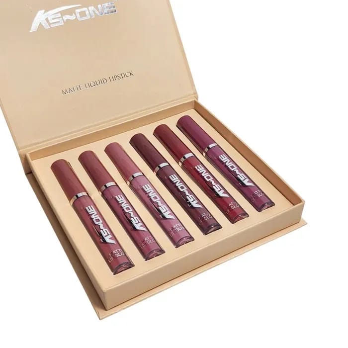 AS-ONE velvet matte liquid lip gloss tubes arranged inside a beige presentation gift box