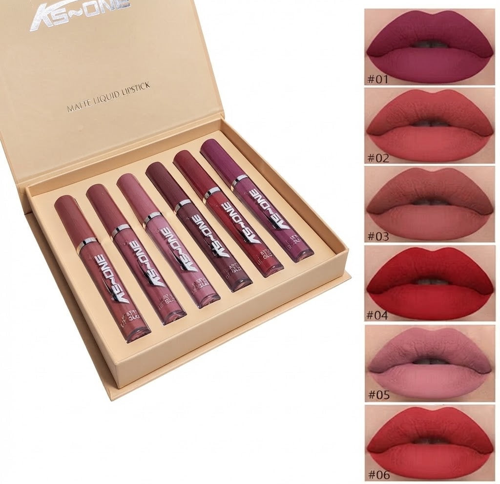 AS-ONE Velvet Matte Liquid Lip Gloss shades 01 to 06 lip swatches and packaging