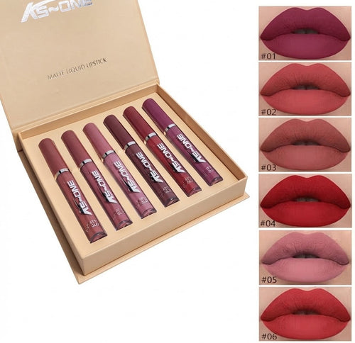 AS-ONE Velvet Matte Liquid Lip Gloss shades 01 to 06 lip swatches and packaging