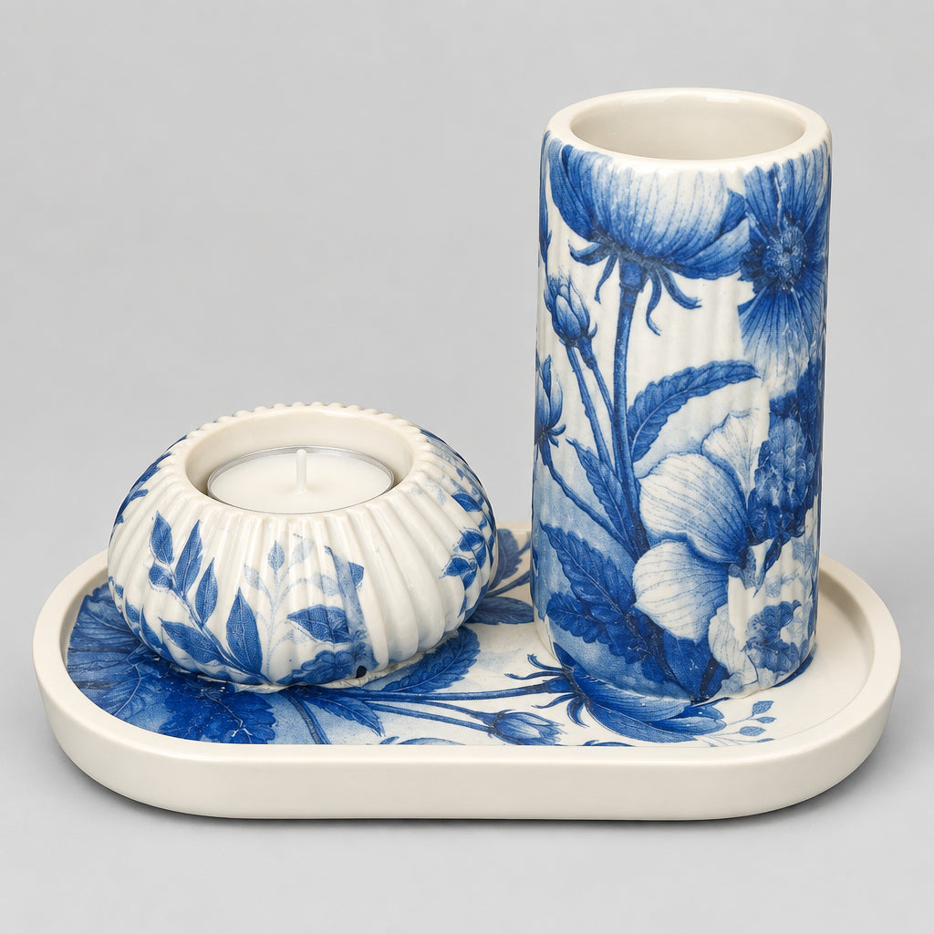 "Handcrafted Blue Floral Decoupage Tray with Vase and Candle Holder Set"