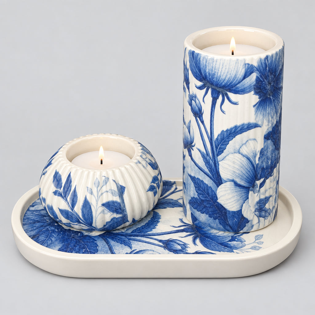 Elegant oval display tray with matching candle holder and floral design
