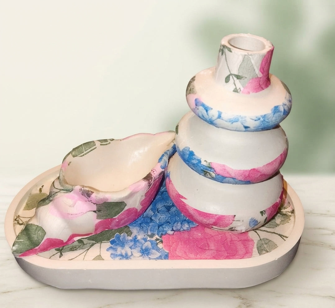 Handcrafted floral decoupage oval tray with stacked vase and shell bowl decor set