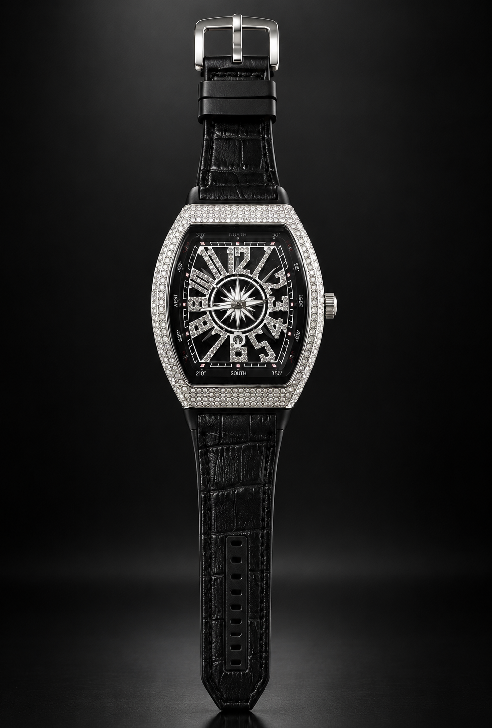 Luxury Franck Muller style men watch with black dial, crystal diamond bezel, and black leather-style strap against a dark background.