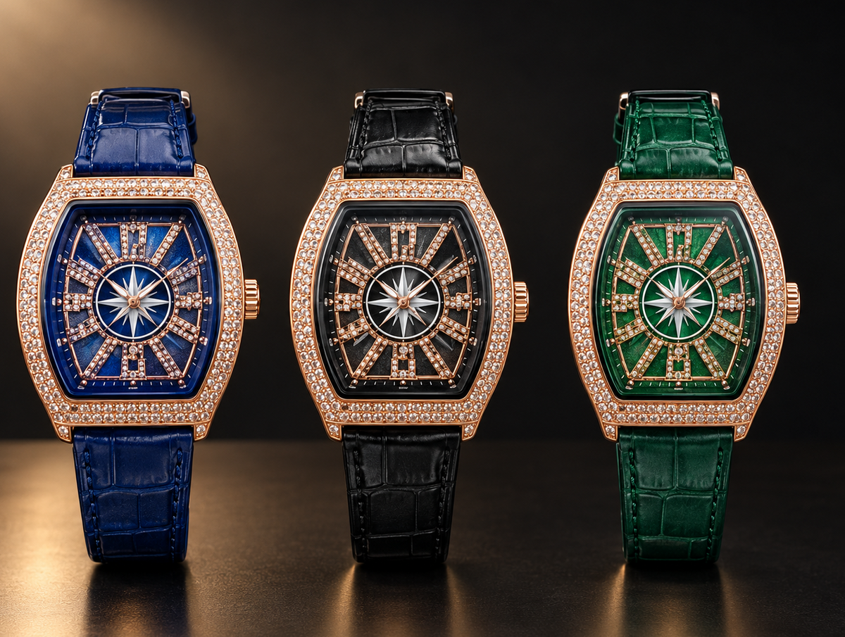 Three luxury Franck Muller style men wristwatches with diamond bezels displayed side by side in blue, black, and green variants