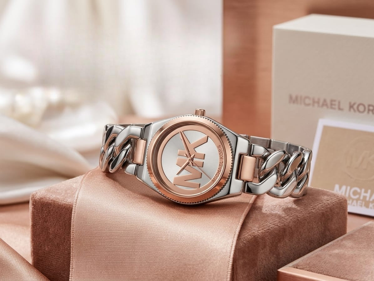 Michael Kors two-tone silver and rose gold women's quartz watch with chain-link strap and gift box.