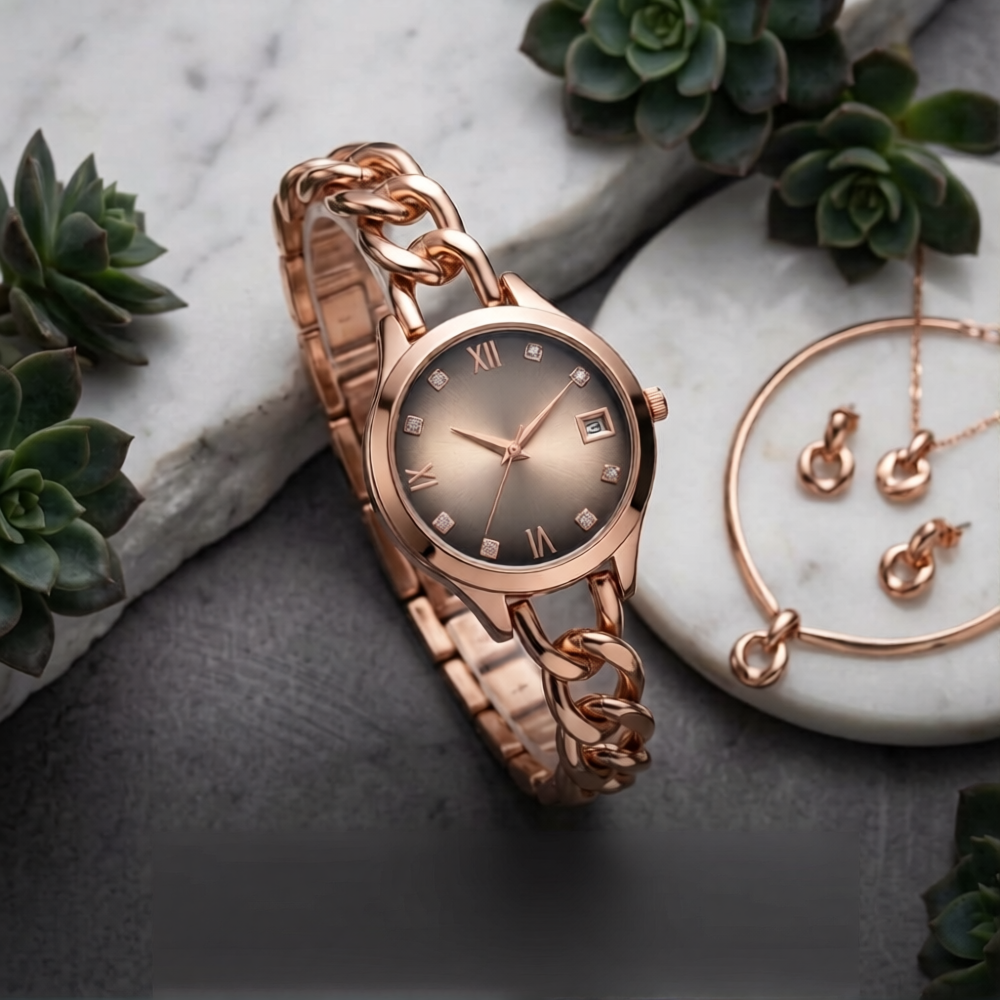 RELO rose gold watch with chunky chain link bracelet and textured dial styled on marble surface. 