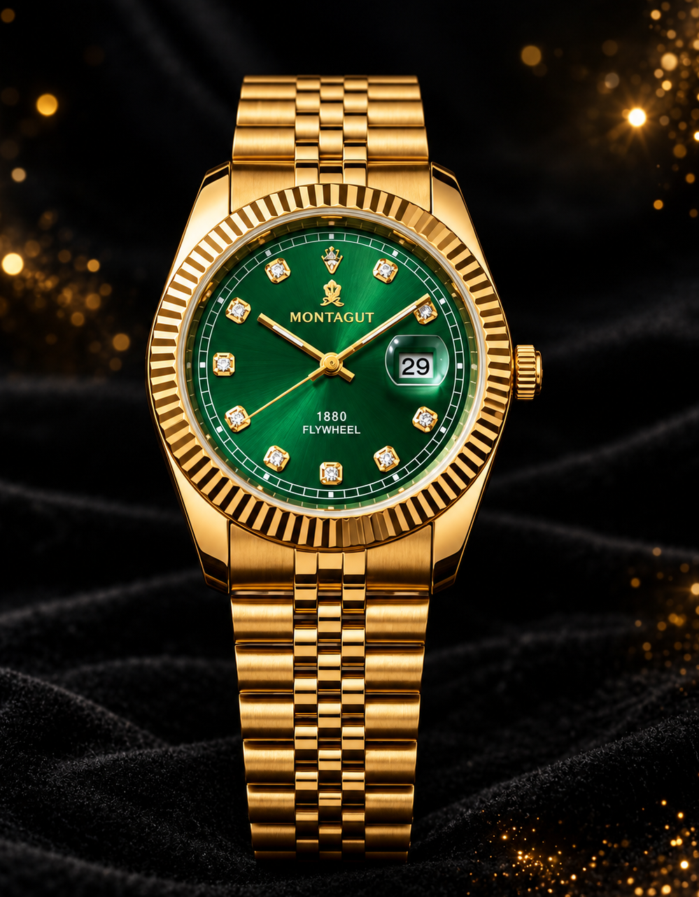 Zeeno Place Montagut 1880 Luxury Gold Stainless Steel Watch with Emerald Green Dial