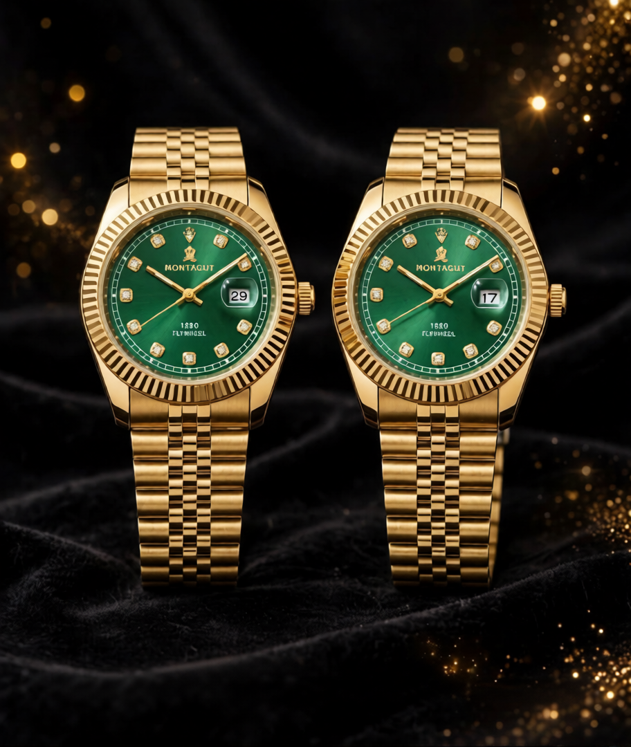 Zeeno Place Montagut 1880 Luxury Gold Watches with Emerald Green Dial Showcase